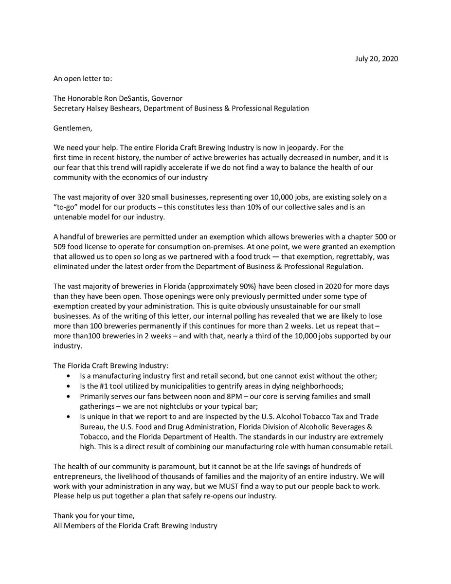 TLHBeerSociety's tweet photo. In a show of solidarity with our friends at the @FLBrewersGuild and the nearly 400 craft breweries in Florida, we are sharing this open letter this morning from the FBG to @GovRonDeSantis and @FloridaDBPR Secretary @HalseyBeshears.
Hope it helps. It's time to #SaveFloridaBeer! https://t.co/x73iclzbIM