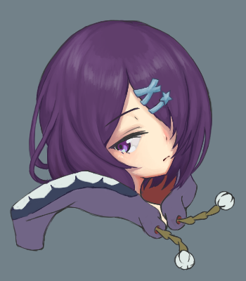 1girl purple hair purple eyes hair ornament solo hair over one eye simple background  illustration images
