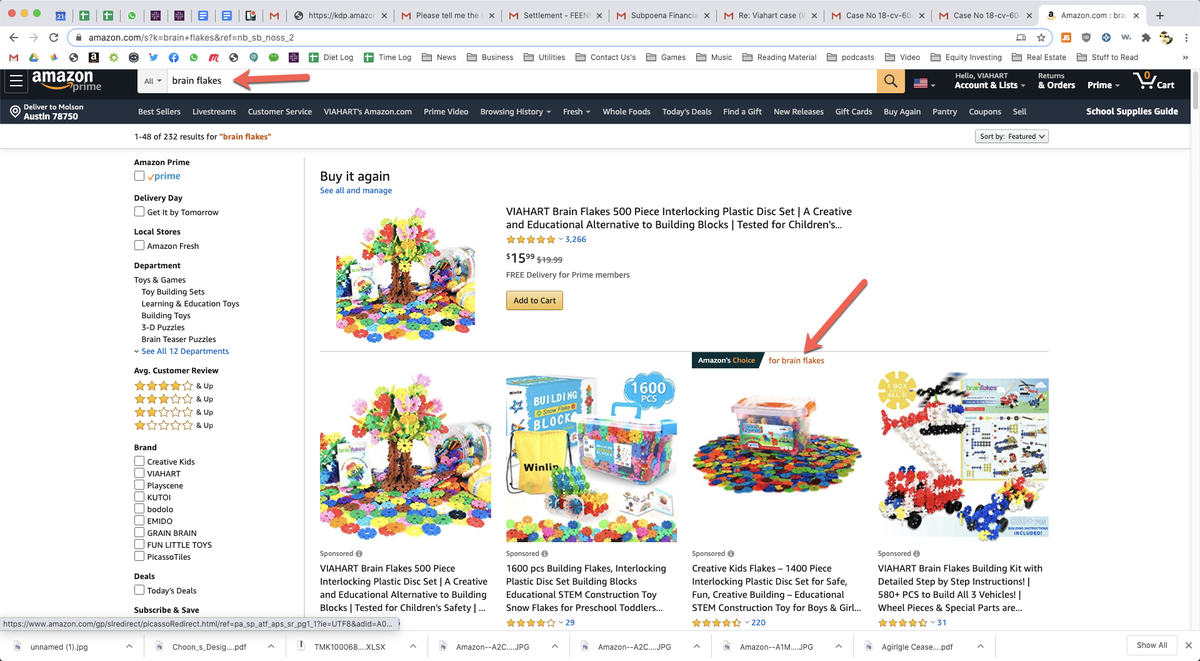 Amazon intellectual property teams and policies are incompetent.We have reported our competitor for trademark infringement and counterfeiting. We are the midst of a lawsuit with them. @amazon knows all this but awards them Amazon's Choice for our trademark, Brain Flakes®.