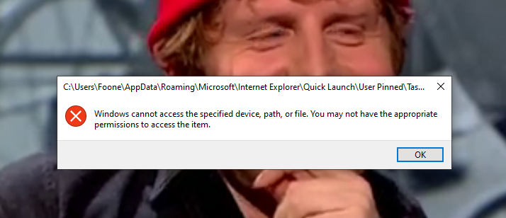 FORTUNATELY it technically works even if I can search for it.There's just two minor problems:1. it takes 4 entire seconds to launch. Clicking a link in the start menu is instant, however2. clicking a link on the taskbar gives me a permissions error