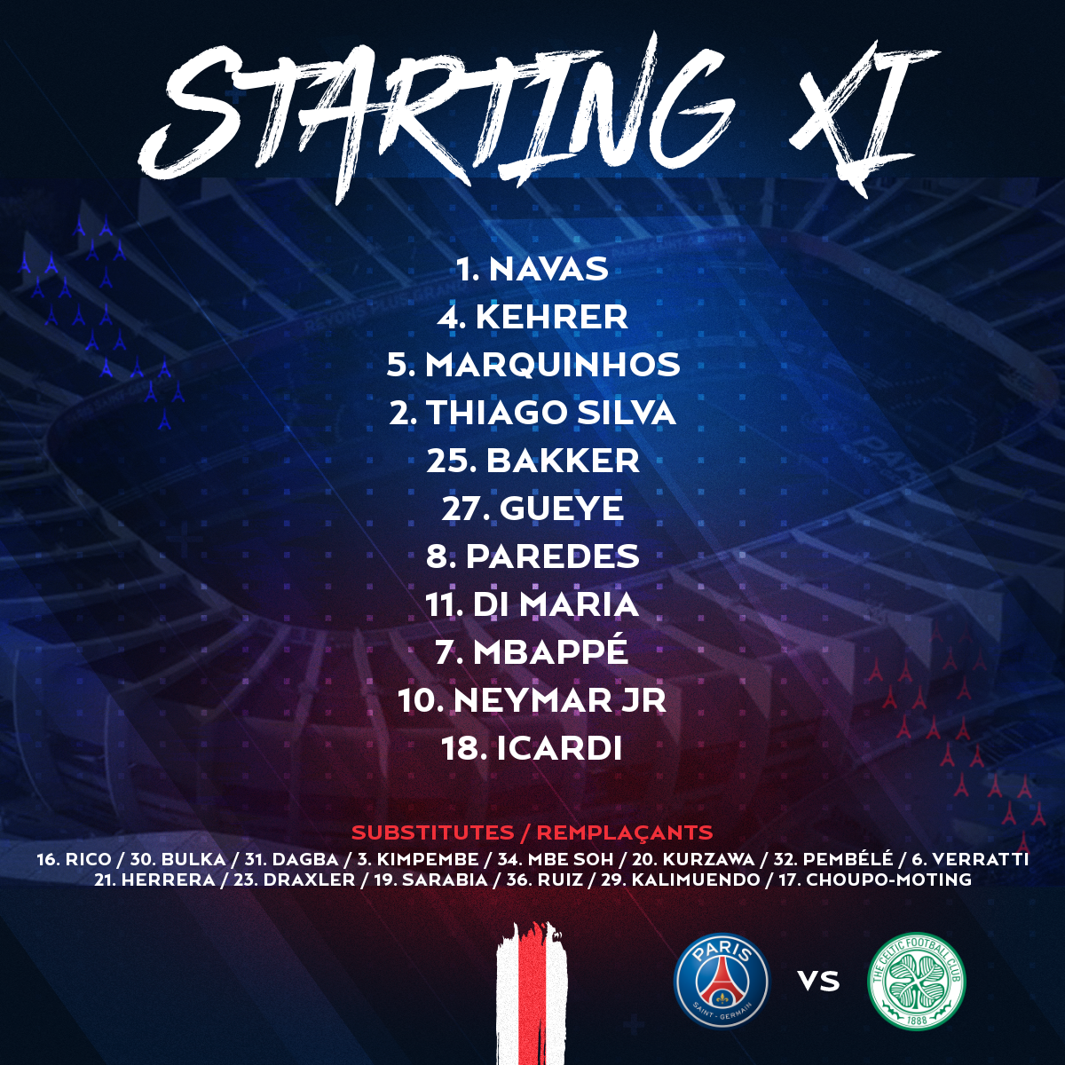 Le onze de départ 🆚 le <a href="/CelticFC/">Celtic Football Club</a> 👊

#PSGCEL

🔴🔵 #ICICESTPARIS