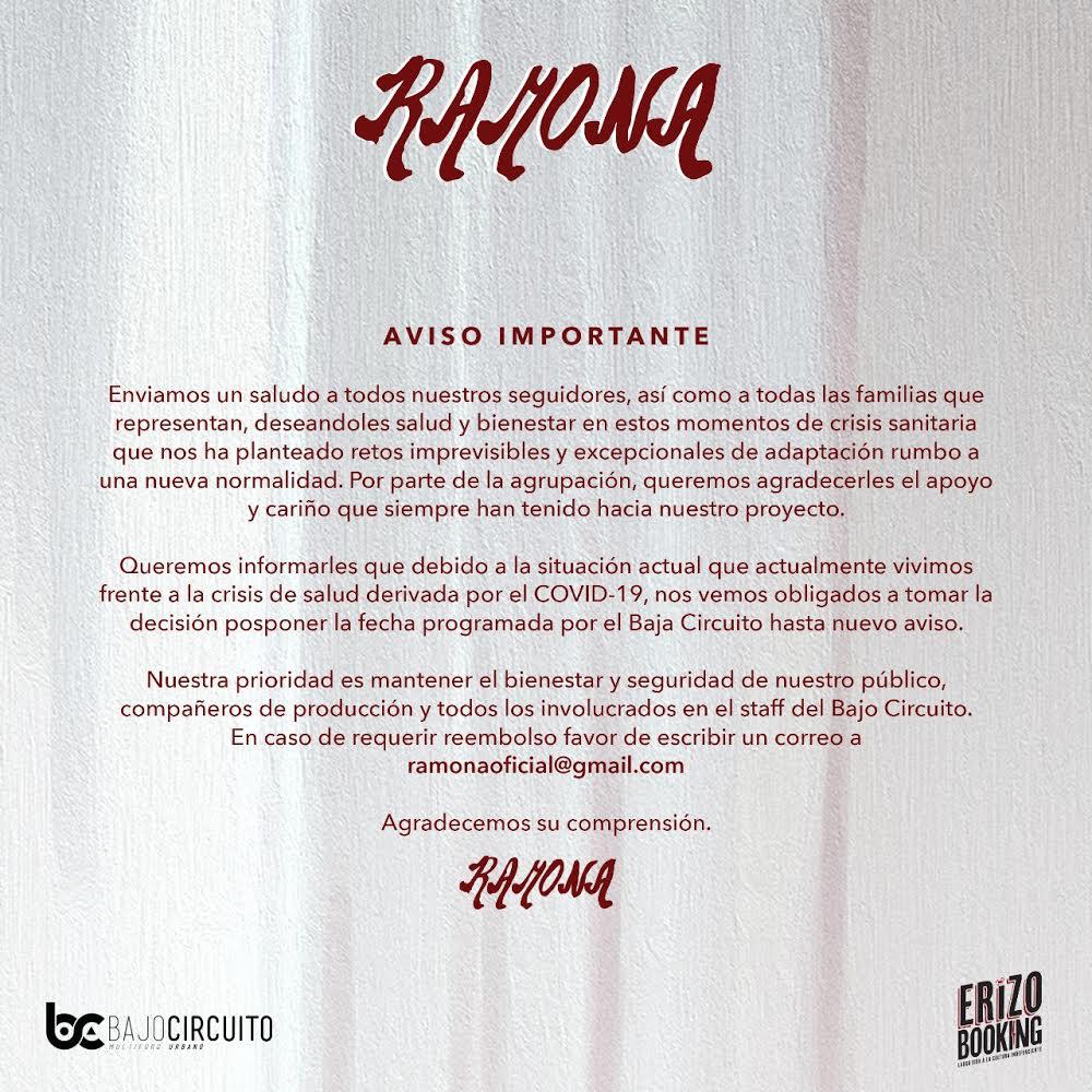 🚨 ATENCIÓN🚨

Esto te interesa si planeabas asistir al show de #Ramona previamente programado para el 30 de mayo.

¡Cuídense mucho!😷