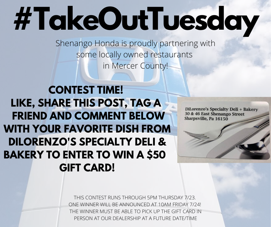 #TakeOutTuesday CONTEST TIME for a $50 gift card to 
DiLorenzo's Specialty Deli &amp; Bakery 😍

🚗 FOLLOW <a href="/ShenangoHonda/">Shenango Honda</a> 
 
🚗LIKE and RETWEET this tweet

🚗TAG a friend and comment below with your favorite dish from DiLorenzo's Specialty Deli &amp; Bakery