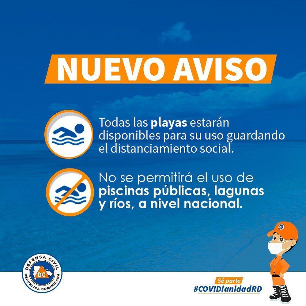 Luego de coordinar con la Asociación de Hoteles turísticos, la <a href="/DefensaCivilRD/">Defensa Civil RD 🇩🇴</a> emitió la mañana de este martes disposición para que las playas queden abiertas al público, mientras que los ríos, lagunas y demás balnearios seguirán clausurados. 

#COVID19 #turismord