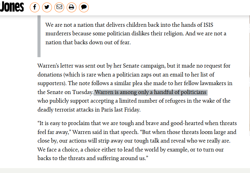 11. Warren sent out emails to her email list, asking not for donations, but for her supporters to support the cause of Syrian refugees.  https://www.motherjones.com/politics/2015/11/elizabeth-warren-syrian-refugees-email/