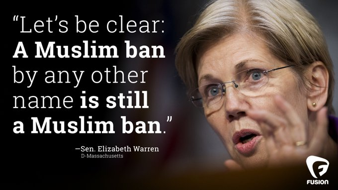 15. And when Trump imposed the Muslim ban, no senator fought it harder than Elizabeth Warren did.  https://twitter.com/splinter_news/status/825139971258331136