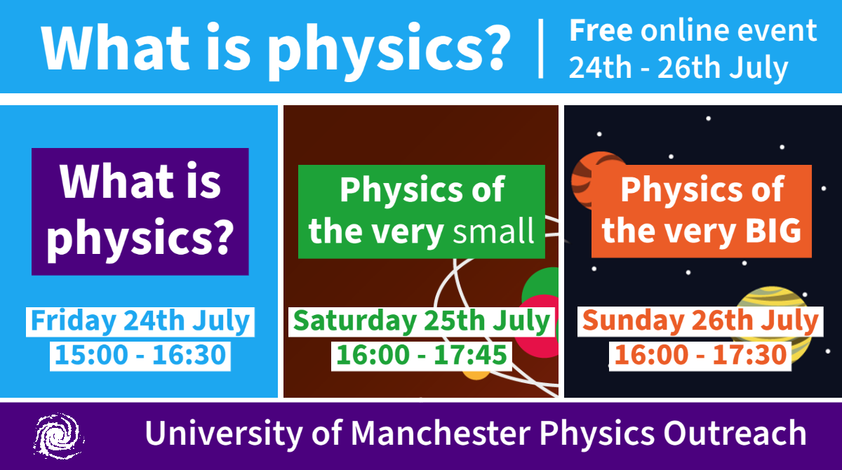 UoMPhysOutreach's tweet photo. Here's our schedule for this weekend's #whatisphysics event! More details to follow for each day! 🔭🚀
(Also make sure to check out @bluedotfestival's event - A WEEKEND IN OUTER SPACE - running this weekend as well!) https://t.co/T5JJN7jYWC