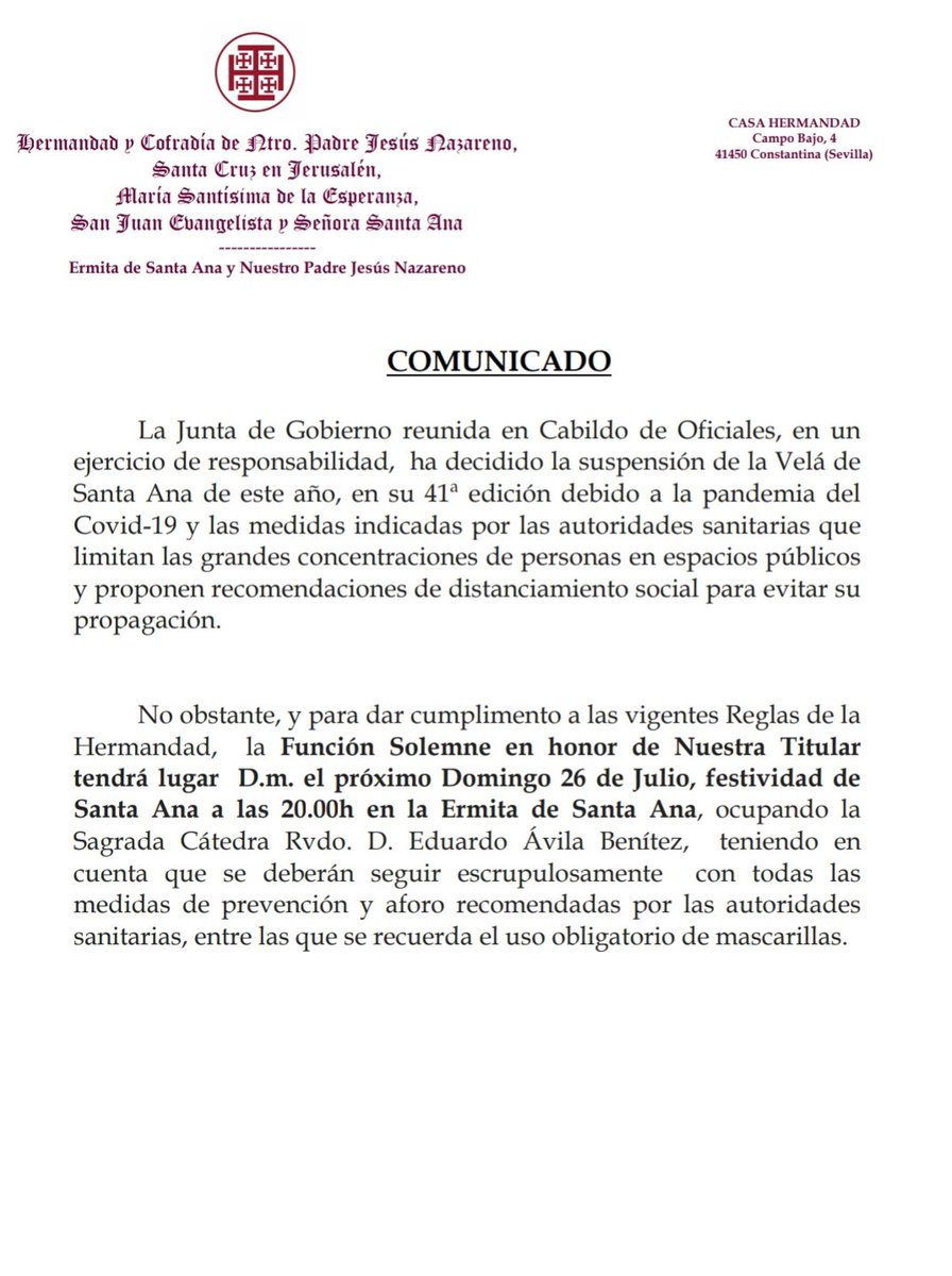 NtroJesus's tweet photo. 📣COMUNICADO 

La Junta de Gobierno reunida en Cabildo de Oficiales, en un 
ejercicio de responsabilidad, ha decidido suspender la Velá de Santa Ana de este año, en su 41ª edición debido a la pandemia del Covid-19 y las medidas indicadas por las autoridades sanitarias(1/2) https://t.co/UQJHZKeDOE