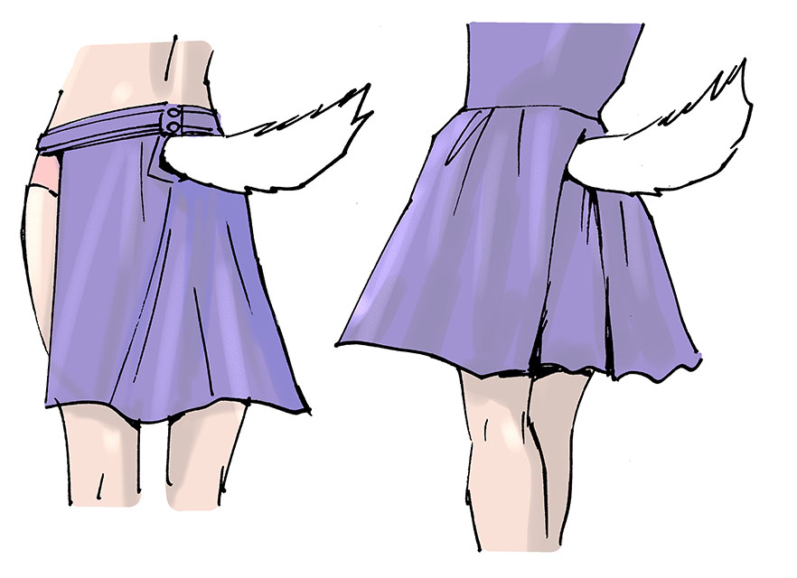 「となると、センターベントの入ったスカートの下に、左のようなインナーをつける、もし」|椎名高志のイラスト