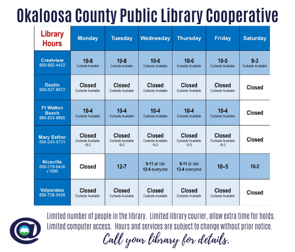 ncvlibrary's tweet photo. CURRENT LIBRARY SCHEDULES: Hours and services may change without notice.
Curbside Service is available at all member libraries. 
For details and online services visit https://t.co/9bVrb09zCv 
#OkaloosaLibraries https://t.co/8vFSAY3VkP