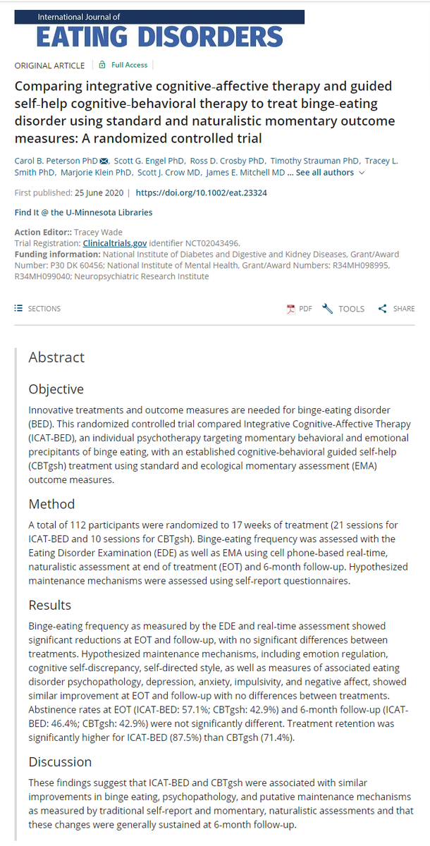 New #research: 
ICAT therapy *similar to* guided self-help CBT for #bingeeating, in a randomized-controlled trial. 

Lead by our Carol Peterson along with our Scott Crow and colleagues at Sanford Research, Duke, @TraceyLSmithPhD, UW Madison, and Kansas University.