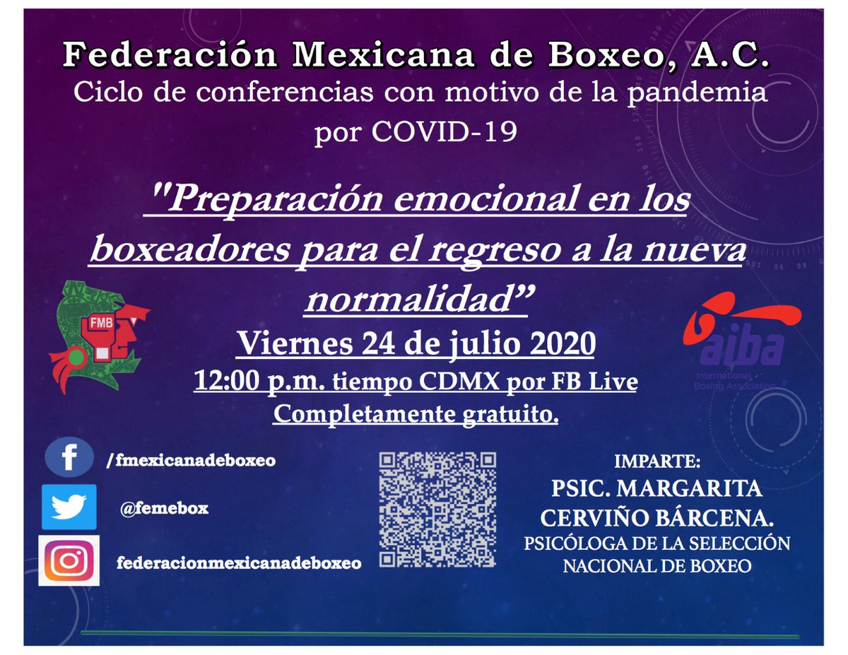AMBCBoxing's tweet image. #CicloConferencias de #FederacionMexicanaDeBoxeo preparación emocional en los boxeadores Para el regreso a la normalidad @AIBA_Boxing