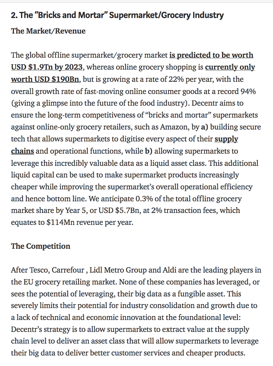 2/3  $DEC Use Cases |  @DecentrNet 2. The “Bricks and Mortar” Supermarket/Grocery Industry https://medium.com/@DecentrNet/3-vertical-revenue-streams-decentr-is-targeting-4fa1f3dd62de"The global offline supermarket/grocery market is predicted to be worth USD $1.9Tn by 2023, whereas online grocery shopping is currently only worth USD $190Bn"