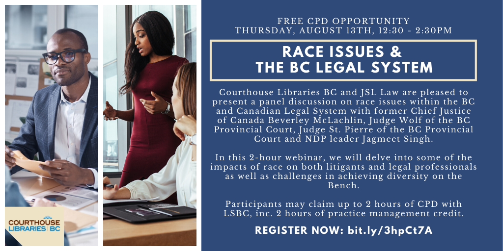 theCLBC's tweet photo. The panel discussion for the Race Issues &amp; the BC Legal System includes former Chief Justice of Canada Beverley McLachlin, Judge Wolf of the BC Provincial Court, Judge St. Pierre of the BC Provincial Court and NDP leader Jagmeet Singh. JOIN US: https://t.co/9WyLgbqQ3s https://t.co/dzXT5m1aZ4