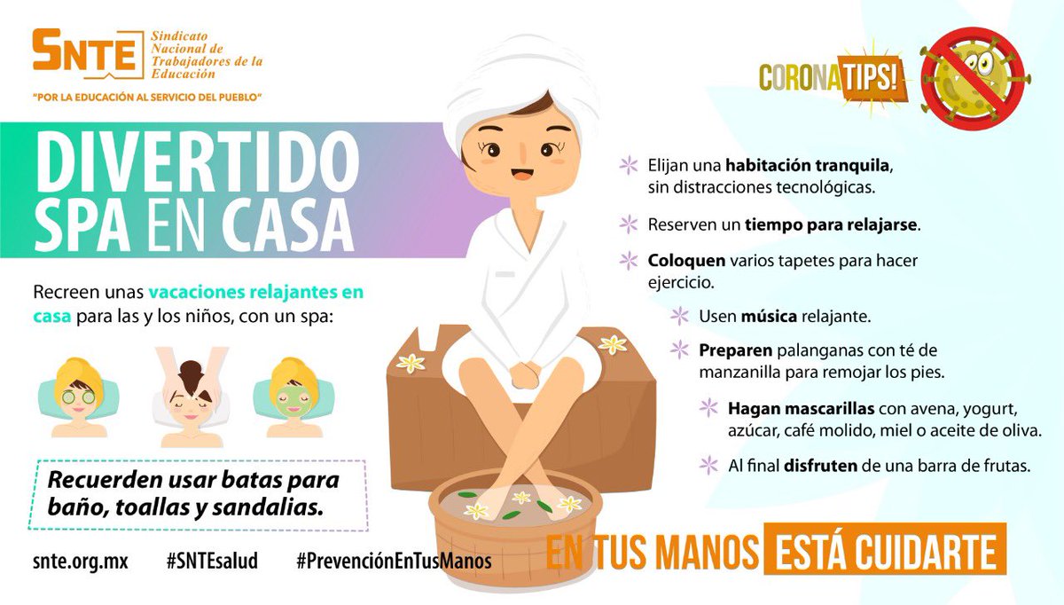 LuisCarlosLcme3's tweet photo. #SNTEsalud ⚕️
🚦 El semáforo #Coronavirus #COVID19 🦠 sigue en 🔴🟠
de máximo y alto contagio ☣️ evita salir de vacaciones y mejor prepara en casa 🏡 un divertido spa familiar 🧖🧖♀️ checa este #CoronaTips 💡
#QuédateEnCasa #FelizDiadelPAAE #FEDEESP https://t.co/UDlpvnkKFz