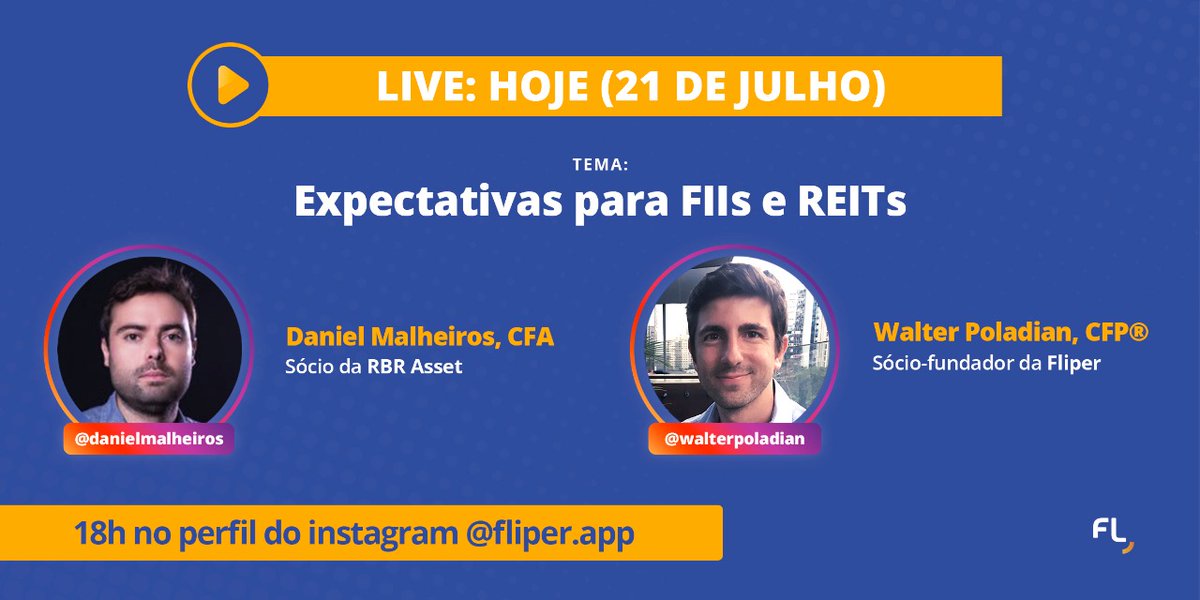 walterpoladian's tweet photo. 🎥 Hoje tem LIVE com meu amigo @malheiros_FII , sócio da gestora @AssetRbr e um dos maiores especialistas em Fundos Imobiliários do Brasil.

Falaremos sobre as expectativas para os FIIs🇧🇷 e REITs🇺🇸

Participe ao vivo no insta @Fliperapp e esclareça suas dúvidas 📲" https://t.co/8R4sJVXxKo