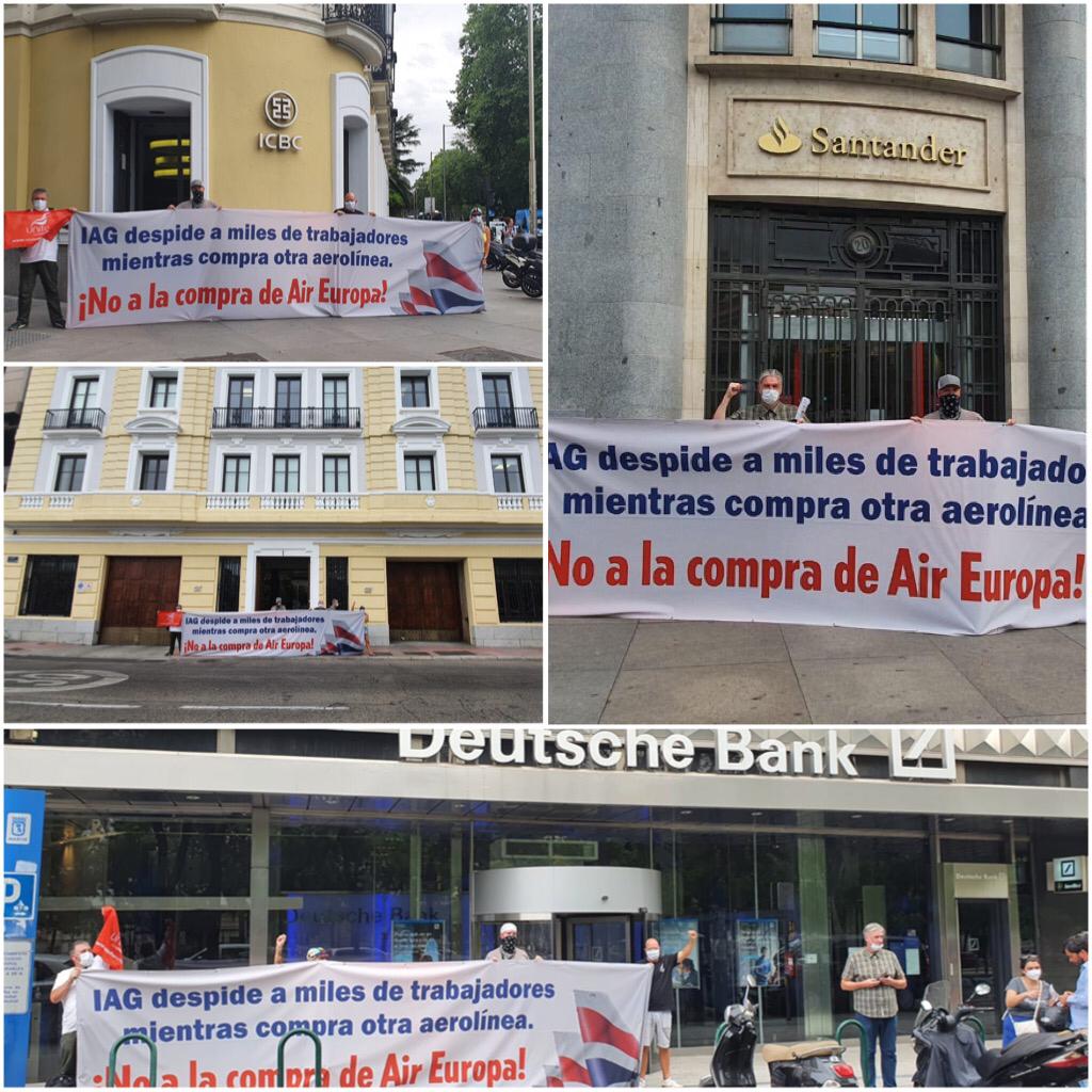 WorkerStrikeBck's tweet photo. We are in Madrid to demand that the top decision makers of #IAG take control of the @British_Airways crisis. IAG is based in Spain and owns both BA and @Iberia_en -  @bancosantander @Credit_Agricole @HSBC have the power and influence to stop this attack. Tell #IAG to stop it now. https://t.co/YQAfvvfeWC