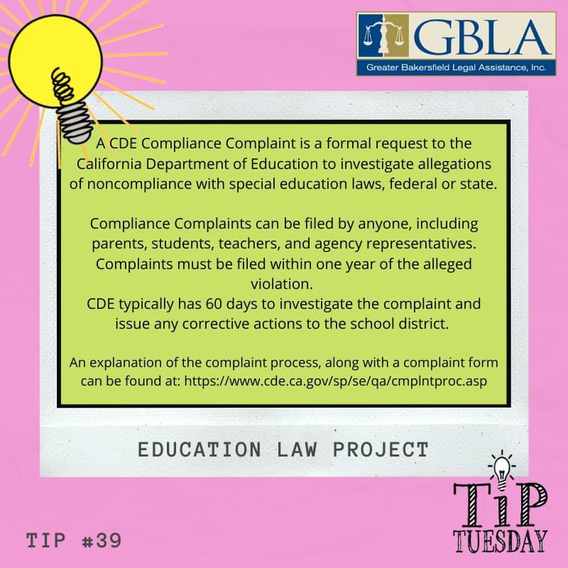 #TipTuesday #Tip39 #Education #SpecialEducation #CaliforniaDepartmentofEducation #School #Complaint #KnowYourRights #KernCounty #Bakersfield