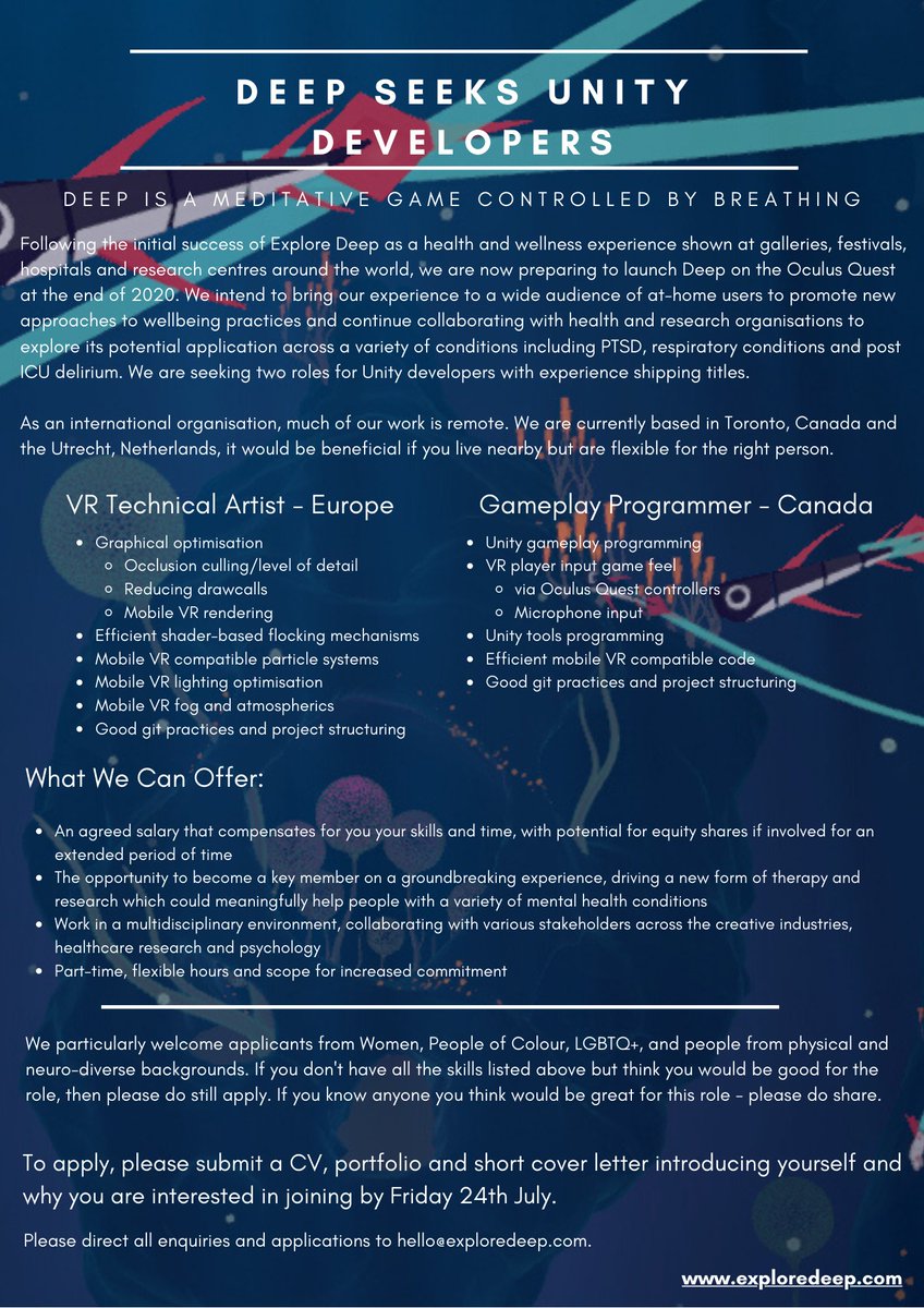 We are hiring at <a href="/exploreDEEP/">DEEP</a>! Are you a #Unitydeveloper? We're looking for a Technical Artist and GamePlay Programmer.
Join us in developing  #gamesforchange. Also, we're the loveliest bunch of people. It'll be great. The deadline to apply is Friday 24th July.
