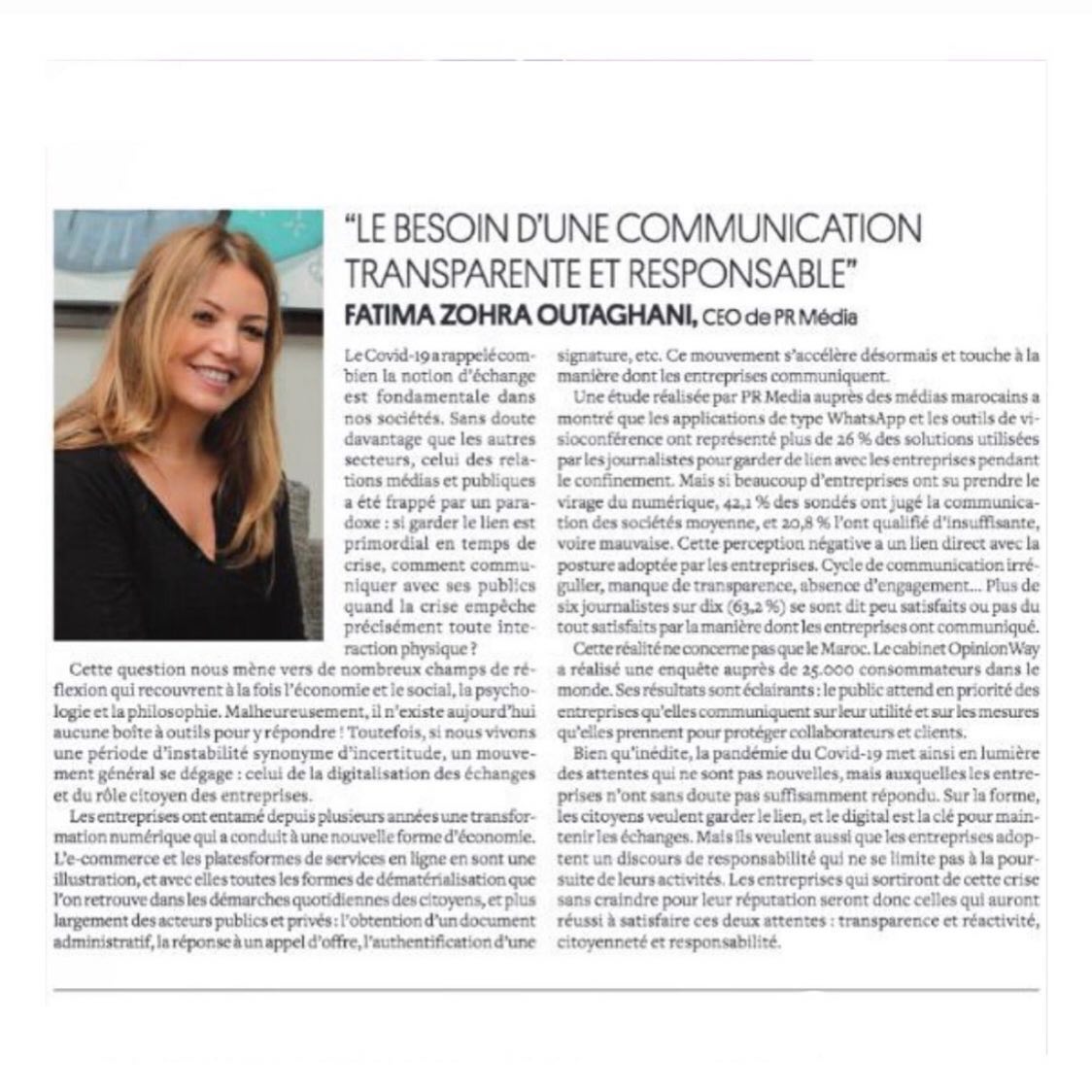 prmediacom's tweet photo. "Le besoin d’une communication transparente et responsable pendant cette période de crise".

Dans un monde en constante reconstruction, ensemble, créons et forgeons des liens durables 🤜🤛

Merci @femmesdumaroc_officiel pour cette interview avec notre CEO Fatima-Zohra Outaghani https://t.co/BDCxrhsnj0