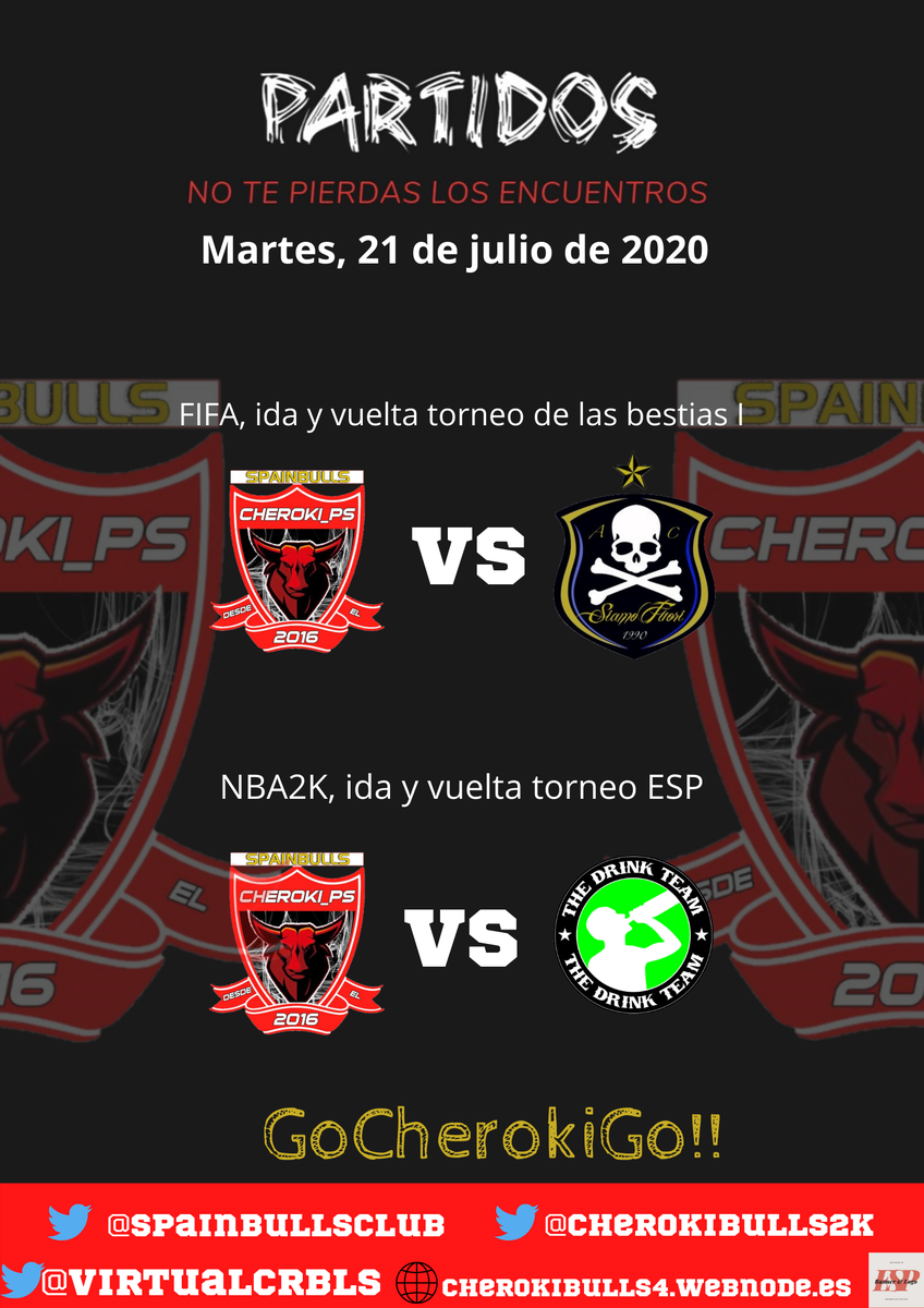 VCherokibulls's tweet photo. 🔴NOCHE DE PARTIDOS🔴

🎮Fifa, @SpainBullsClub 

📅 23-23:20h

🆚@SiamoFuori2

🎙️https://t.co/Xq2eJrRPag

🎮 NBA2K, @CherokiBulls2k 

📅 22-22:30h

🆚 @drinkteammucho 

🎙️https://t.co/qBrbMrimRh

🔱Los mejores diseños en @logoesp 🔱
#GoCherokiGo https://t.co/NbhZFGfuNb