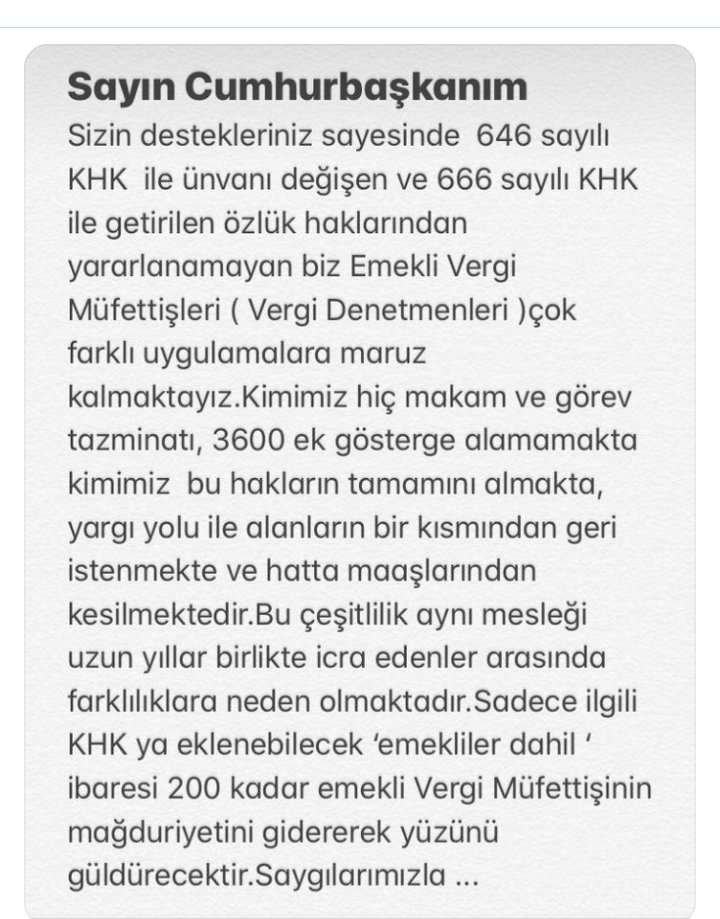 <a href="/RTErdogan/">Recep Tayyip Erdoğan</a> Sn.Cumhurbaşkanım size binlerce twitt gönderdik hiçmi birisi size bu twittlerden bahsetmedi.Bizler 200 ü aşkın Vergi Müfettişleriyiz.Sıkıntımız mağduriyetimiz son safhada.Buna sadece siz durdurabilirsiniz. ÇARE SİZDE,ÇÖZÜM SİZDE.Bizleri dinleyin.Saygılar.