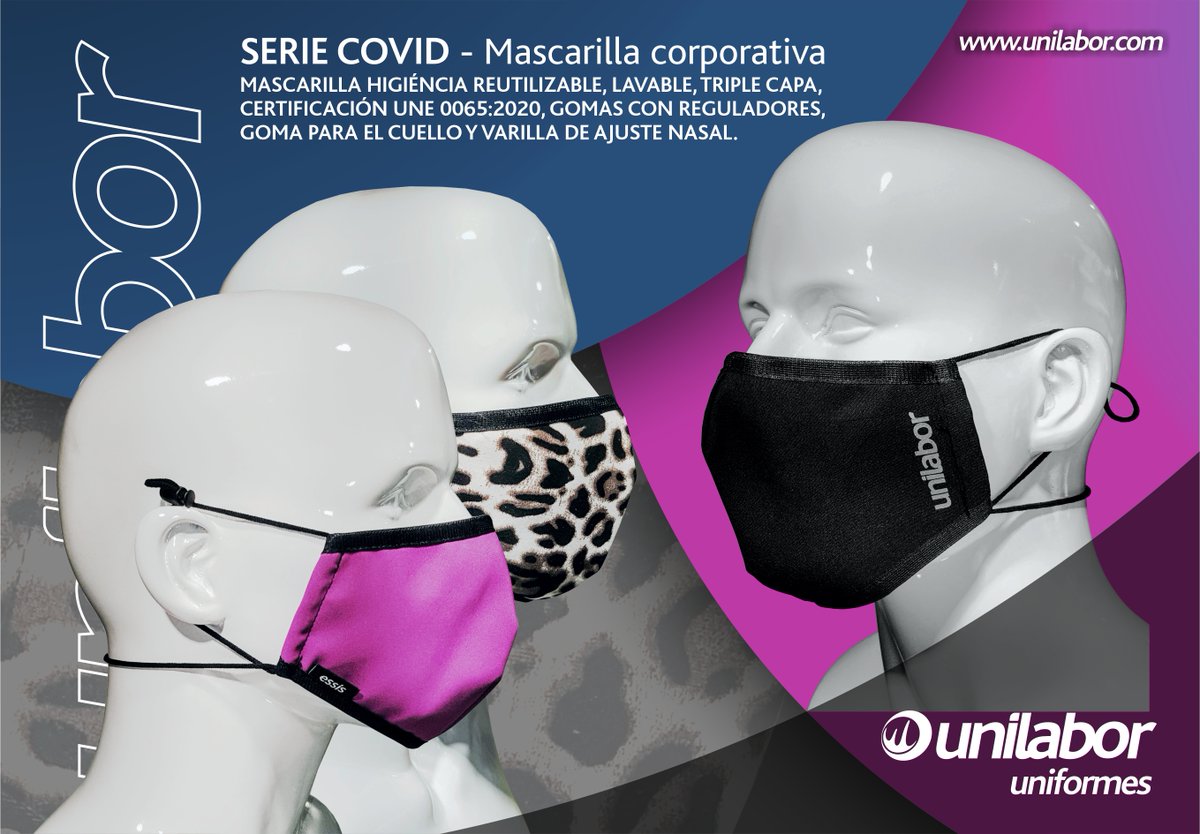 unilaborSL's tweet photo. NOVEDAD: Mascarilla higiénica personalizable, reutilizable, triple capa, certificación UNE 0065:2020, gomas con reguladores en orejas, goma en el cuello y varilla de ajuste nasal. #Unilabor #COVID #mascarilla #vestuario #profesional https://t.co/O4kimzzORq