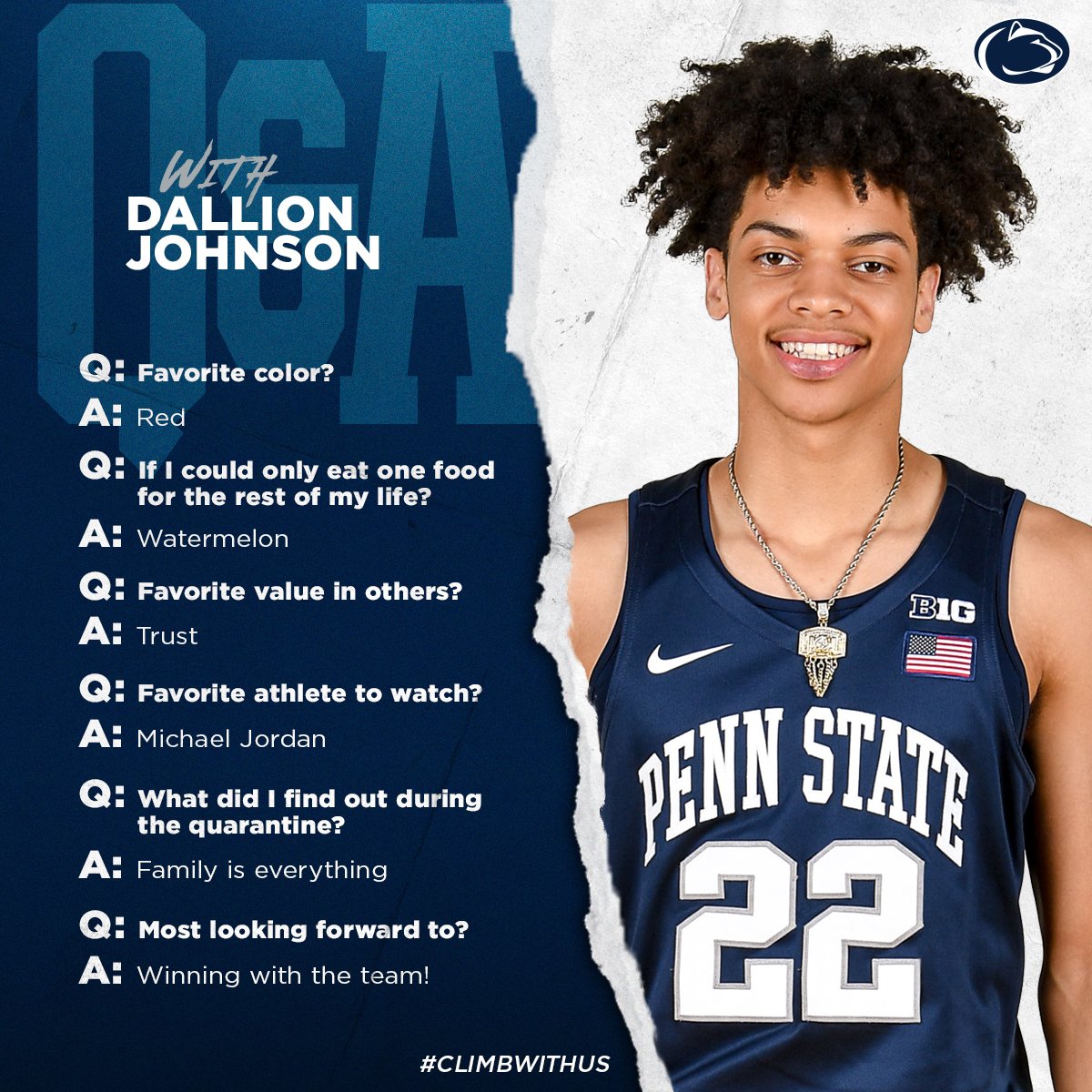 Get to know Nittany Lion freshman guard Dallion Johnson (➡️<a href="/DallionJohnson/">Dallion Johnson</a>)! Full Q&amp;A 🔗: gopsusports.com/QADallionJohns… 🔵🦁⚪ #ClimbWithUs