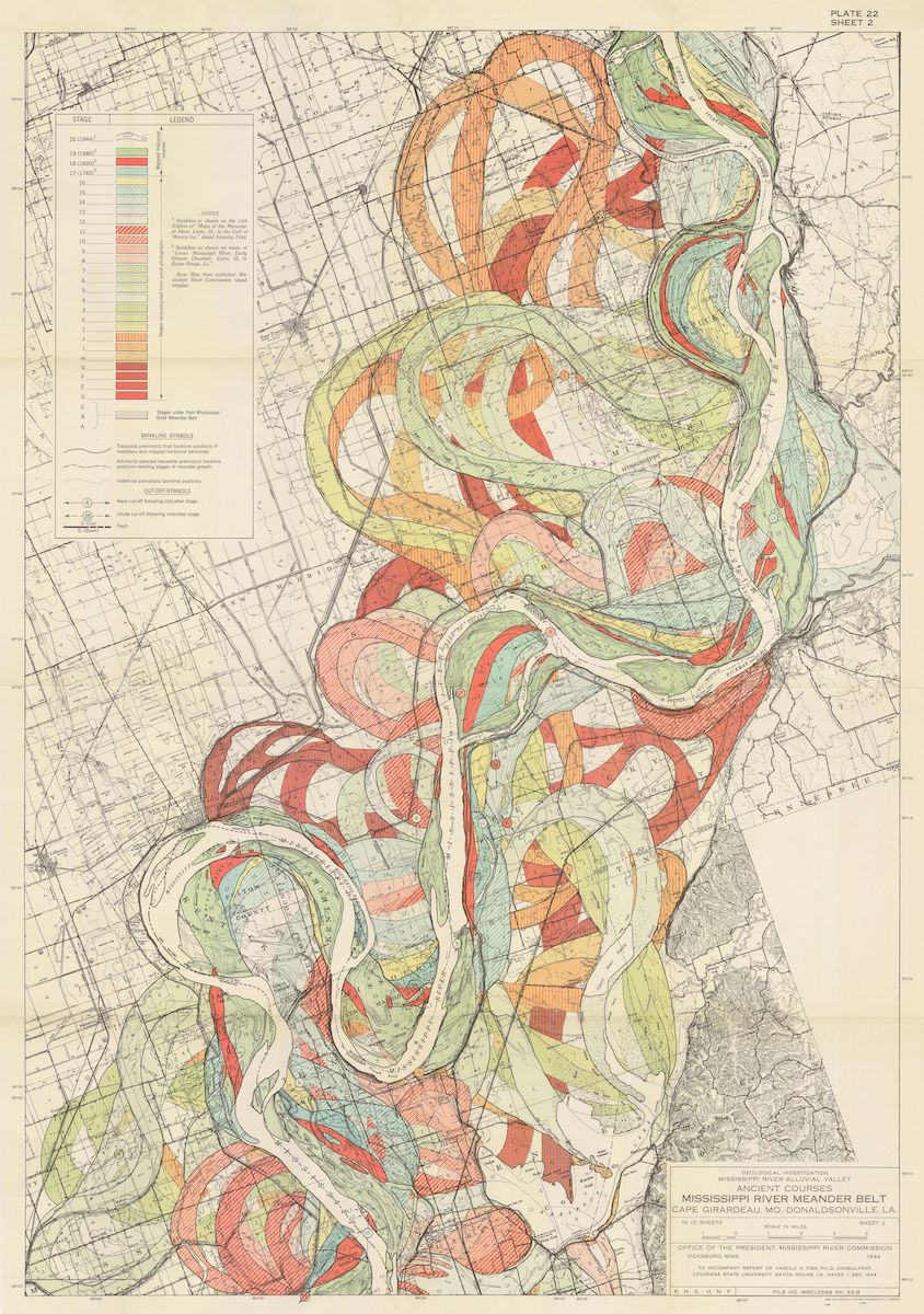 PublicDomainRev's tweet photo. Stunning set of maps depicting the changing course of the Mississippi River over thousands of years, created by US Army engineer Harold Fisk in 1944: https://t.co/tftQ06Q0Ds https://t.co/IJUTllhuVA