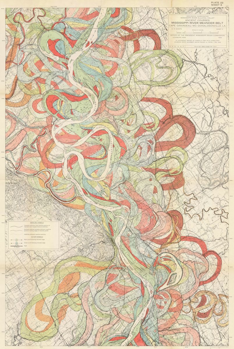 PublicDomainRev's tweet photo. Stunning set of maps depicting the changing course of the Mississippi River over thousands of years, created by US Army engineer Harold Fisk in 1944: https://t.co/tftQ06Q0Ds https://t.co/IJUTllhuVA