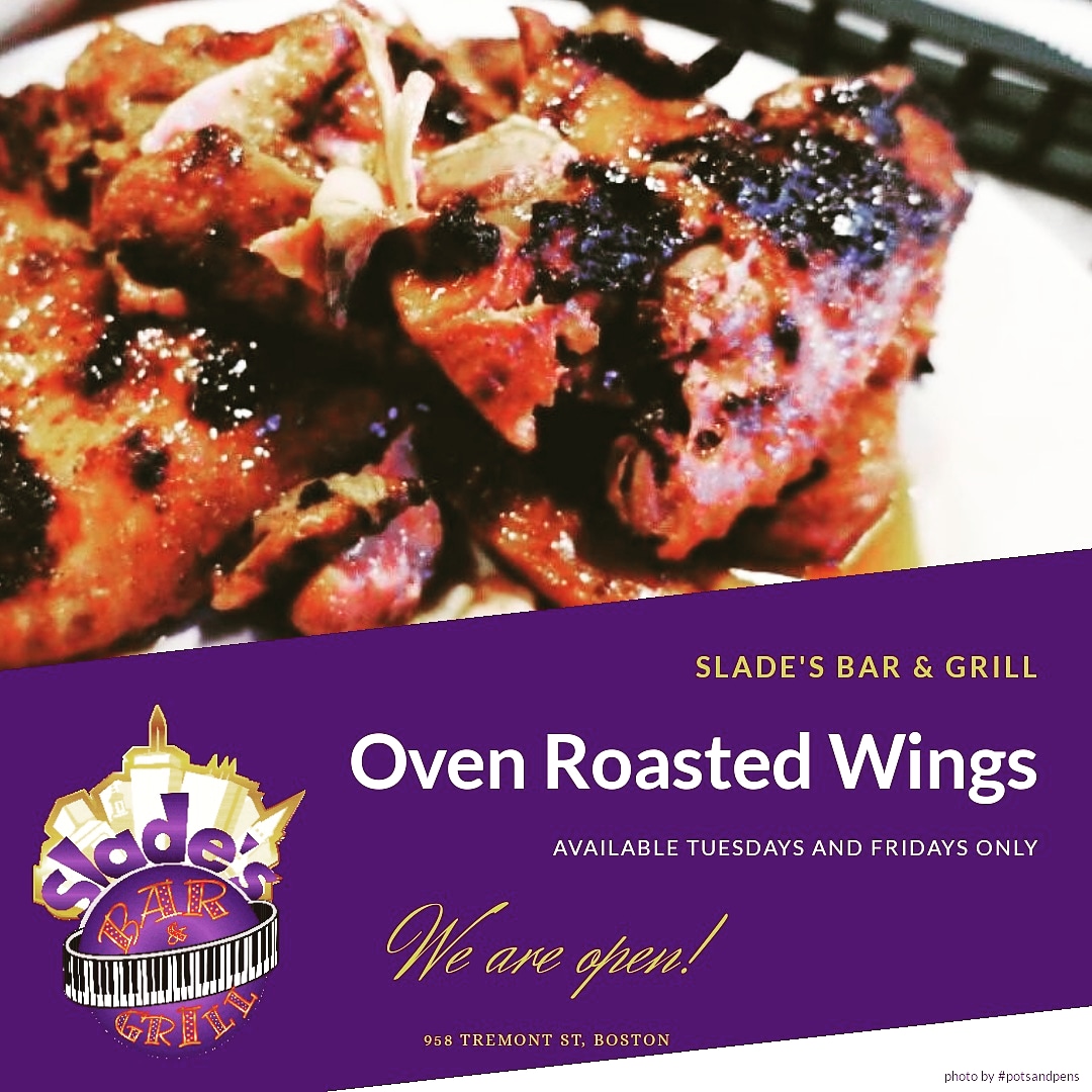 Slades_Boston's tweet photo. WE'RE OPEN!!!
Come see us and don't forget to order our addictive Oven-Roasted Wings!!
〰️
OPEN TILL 8PM
〰️
#SladesBarNGrill #Slades #SBG #TheSoulOfBoston #TeaseYourTasteBuds #WereMoreThanJustChicken #WeAreLegendary #Lunch #Dinner #est1935 https://t.co/2kxb8wdAYU