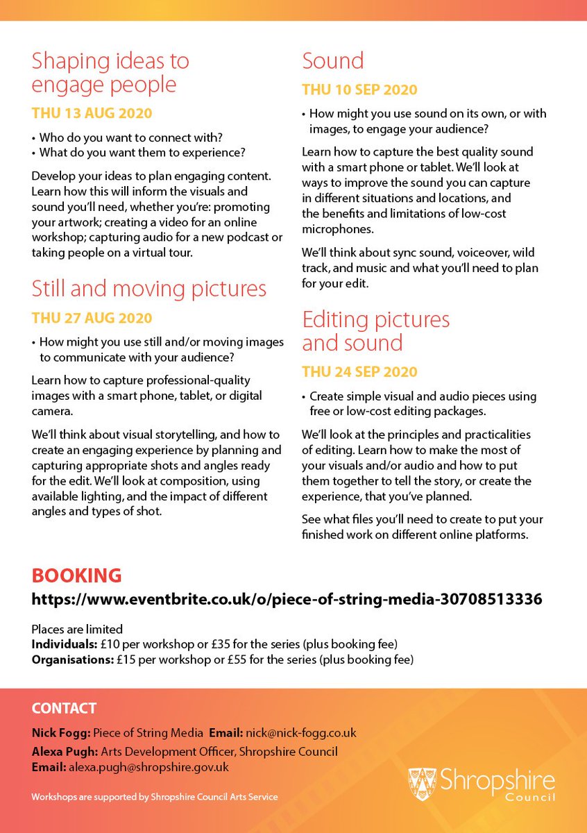 Digital Media Skills Workshops delivered by Piece of String Media happening in August and September! 
Please see the attached flyer for more information, including how to book.