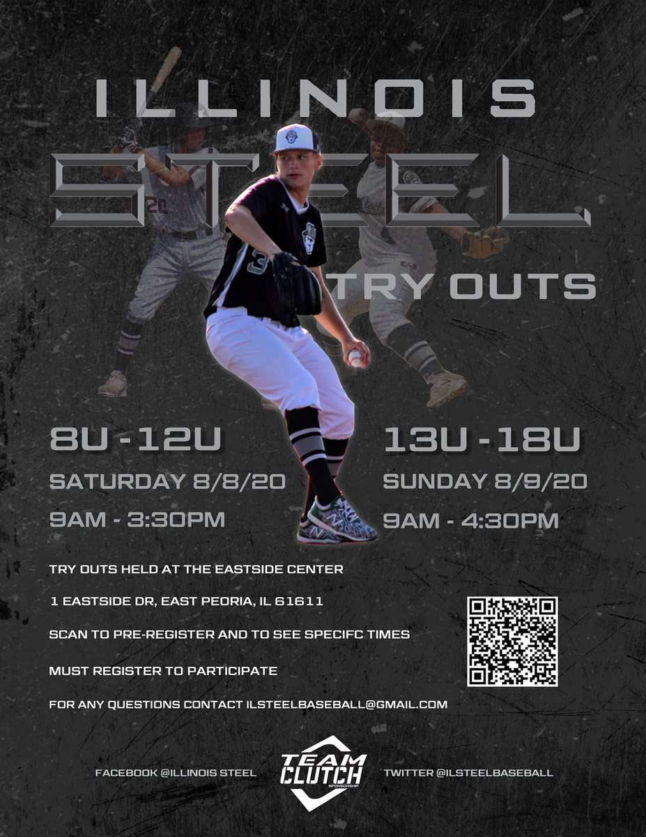 2021 STEEL TRYOUTS 
80 players sent off to play college baseball since 2014!
Must Pre-Register 
SAT 8/8
8U: 9A - 10:30A
9-10U: 11:00A- 1:00P
11-12U: 1:30P- 3:30P

SUN 8/9
13-14U: 9A- 11A
15U-16U 12:00 - 2:00P
17-18U: 2:30P-4:30P

All tryouts at East Side
forms.gle/PKzqNUgowFd2h3…