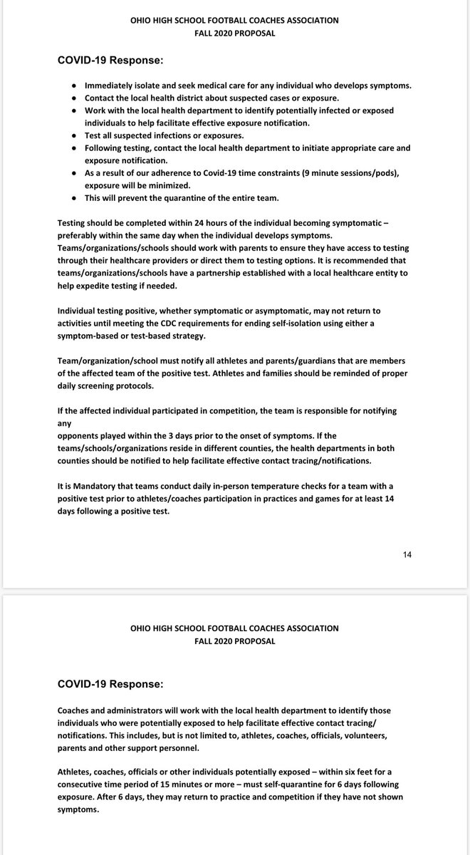 OHSFCA proposal continued...this is talking about positive COVID-19 tests & what the response should look like. There would be an obligation from the school to notify parents & opponents played within the past 3 days. Also, coaches/anyone exposed must quarantine for 6 days.