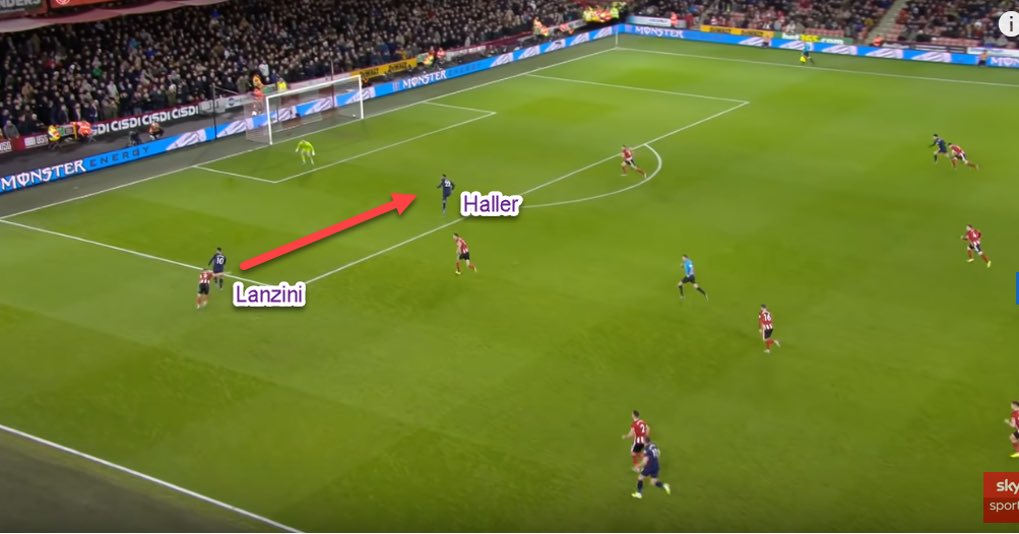 2. Forward runsHaller has made some intelligent forward runs this season but they have often been overlooked by the players around him. - Lanzini wins the ball high up the pitch- Haller presents a clear passing option in a goal scoring position