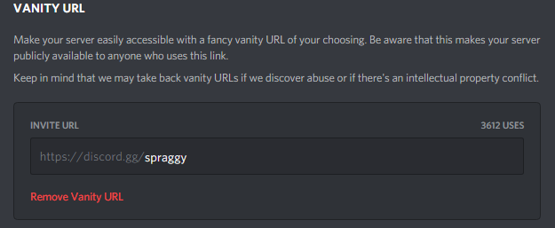 Spraggy on Twitter: "@DaftLimmy @1030 @discord You can set a custom URL in  the Vanity URL section of the Discord Server Settings it that's what you  want to do. Maybe you mean