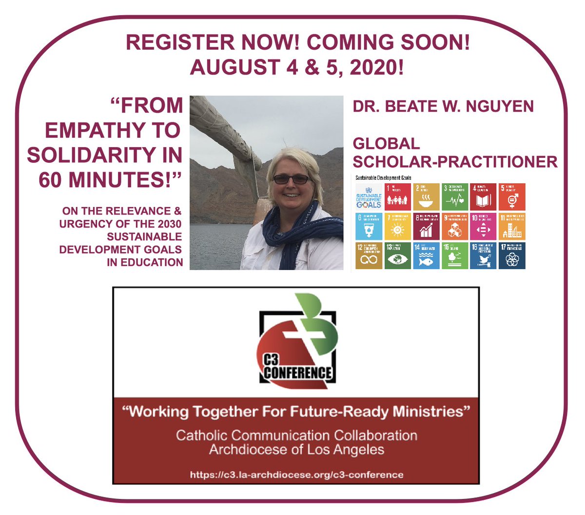 dr_beate's tweet photo. Join us @C3ADLA 2020 Conference! Register: https://t.co/FJf65ogKaC @dr_beate Sessions I & III @STEMschoolsLA @CatholicEdLA @DualLanguageLA @lacatholics @NCEATALK @USCCBCatholicEd @LMUsoe @LMUPlaceCorps @LMUEDLA #CatholicEdLAglobal #OptimumHumanPotential @SDGaction @TeachSDGs https://t.co/RViqQHcOKc