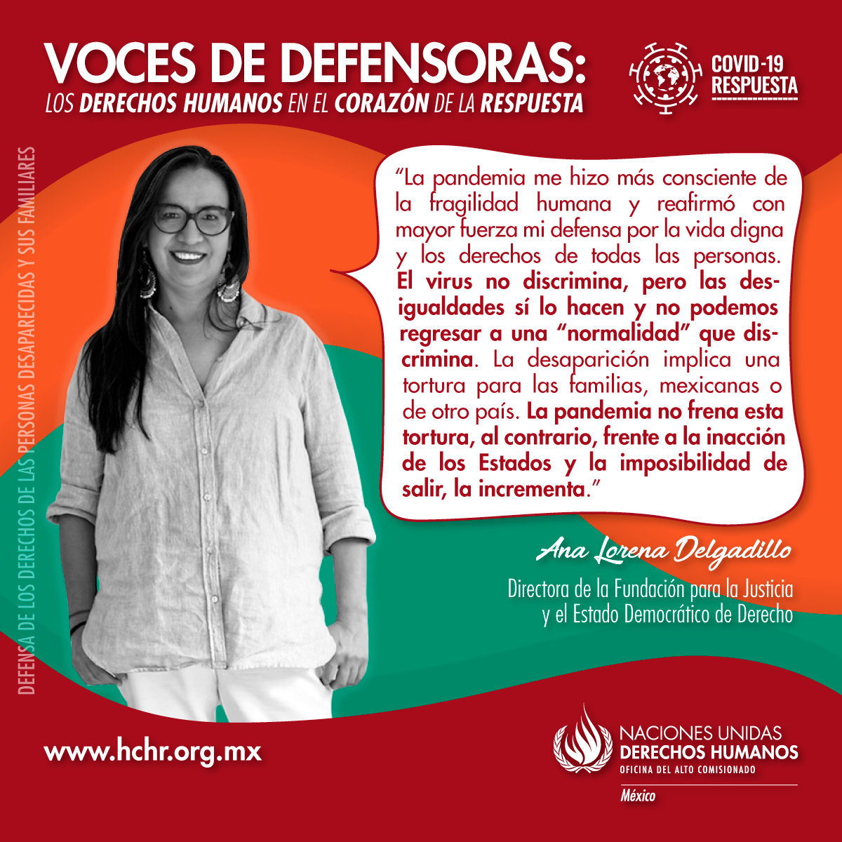 ONUDHmexico's tweet photo. Ana Lorena Delgadillo es directora de la @FJEDD, su voz resuena en defensa de la vida digna y los derechos de todas las personas, y destaca cómo las desigualdades en medio de la crisis sanitaria se han exacerbado.
#VocesDeDefensoras #ONUMxCovid19 https://t.co/EWGLWfMX2P