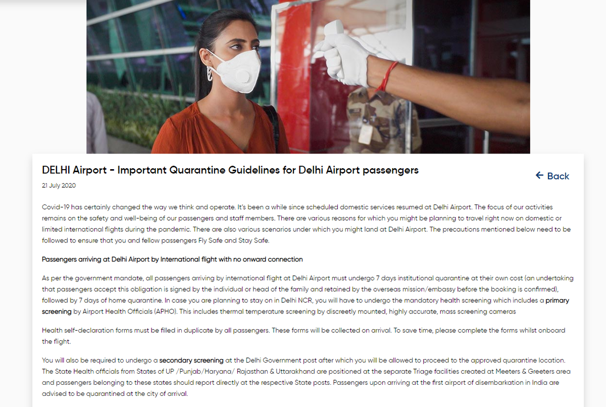 ANI's tweet photo. Important quarantine guidelines for Delhi Airport passengers: Passengers arriving by international flight at the Airport must undergo 7 days institutional quarantine at their own cost, followed by 7 days of home quarantine. https://t.co/GIYz83Uiwb