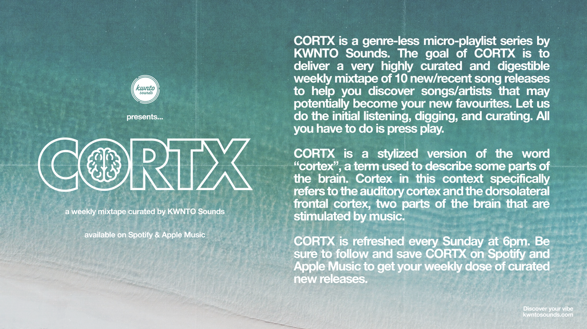 kwntosounds's tweet photo. Announcing... CORTX, a new genre-less micro-playlist series by KWNTO Sounds. Updated weekly every Sunday at 6pm. Follow #CORTX on #Spotify and #AppleMusic: https://t.co/EcBTI9NL1Y #playlist #mixtape #weeklyplaylist #musiccurator https://t.co/bDffpG91F5