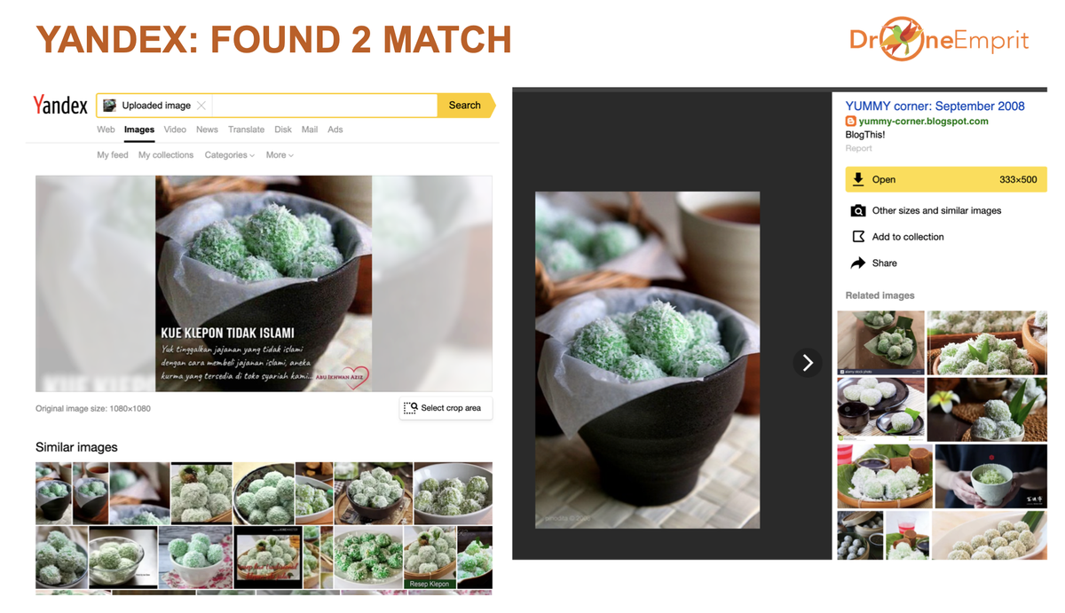 Yandex menemukan 2 foto yang mirip sekali. Salah satunya dari sebuah situs di Blogspot.