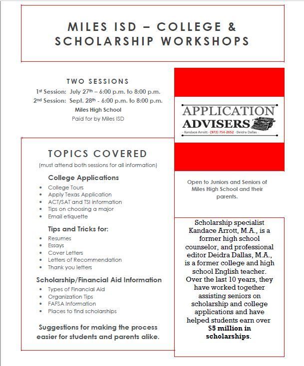 MilesHighSchool's tweet photo. MISD Juniors, Seniors, AND their parents!  This is FREE to our families and we HIGHLY recommend you attend BOTH sessions.  It is a 4 hour session broken in two parts. Will be held in the Miles JH/HS Cafeteria. https://t.co/TfVURJDaVT