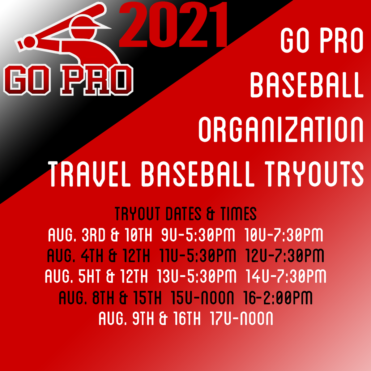 gopro_ball's tweet photo. The Go Pro Baseball Organization has Announced our Tryout Dates for the 2021 Season! Click on the link below to register for your age group's tryout or schedule a private one!
https://t.co/KZng0PGiWV #GoProTrained https://t.co/ghlx2ct0FK