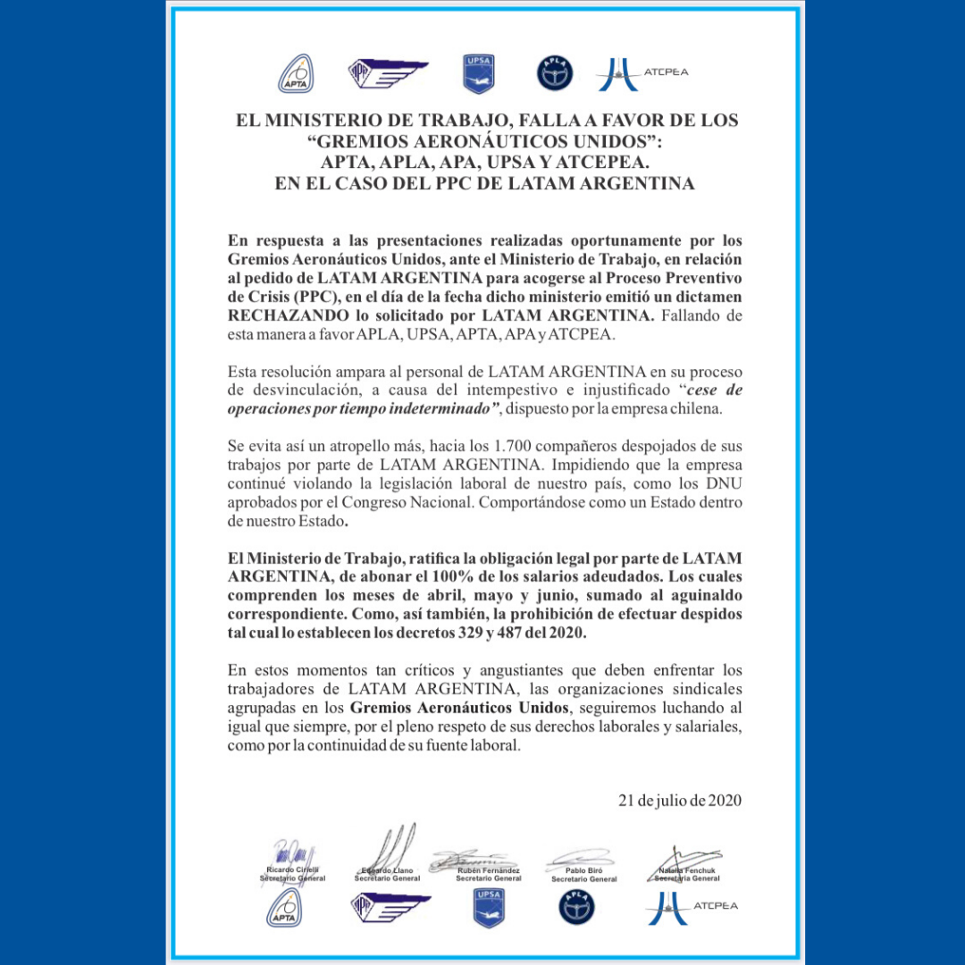 Los Sindicatos Aeronáuticos Unidos acabamos de ser notificados por el @MinTrabajoAR del rechazo al PPC presentado por latam. #UnidosEsMejor #SindicatosAeronauticosUnidos #NoALaExtorsionLatam <a href="/AptaOficial/">APTA oficial</a> <a href="/APAERONAUTICOS/">APA</a> <a href="/UPSA_Oficial/">UPSA</a> <a href="/aplapilotos/">APLA</a>