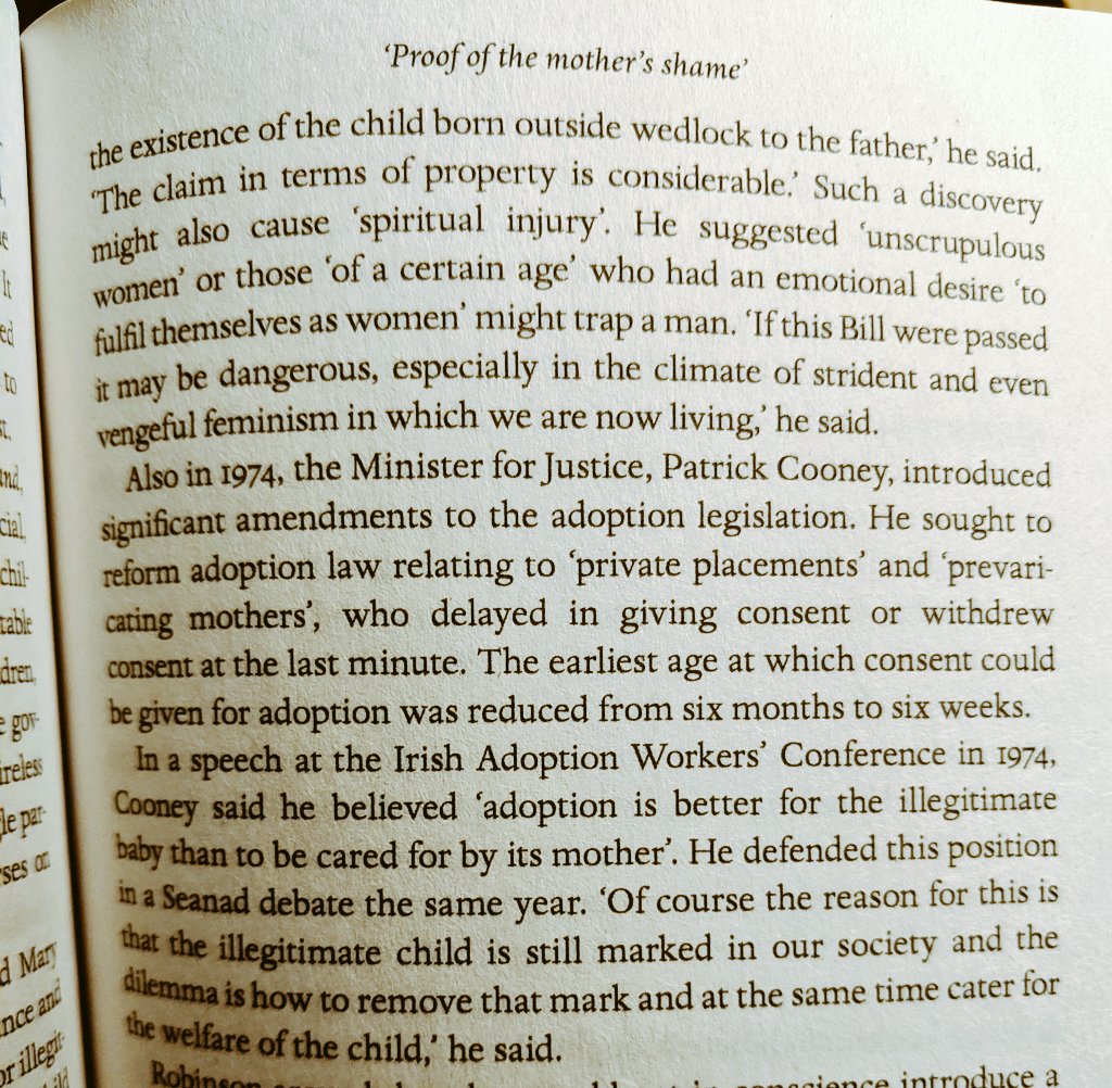 In 1974, the law was changed to allow 'illegitimate' children to be adopted without their mother's consent, often through religious-run institutions. The Minister for Justice said 'adoption is better for the illegitimate baby than to be cared for by its mother'.  #RepublicofShame