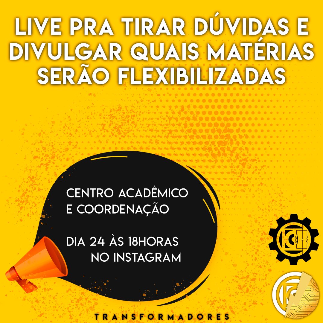caeneufmt's tweet photo. O momento que todos os estudantes estão esperando, dia 24/07 às 18h faremos uma live para tirar dúvidas sobre a flexibilização e DIVULGAR AS MATÉRIAS QUE SERÃO FLEXIBILIZADAS.
Curtam e compartilhem 😉
https://t.co/whTmHYlcSD https://t.co/oModxwA0fi