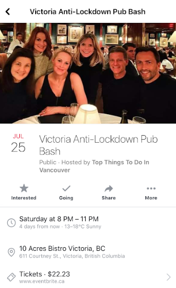 JoePerkinsCHEK's tweet photo. 10 Acres Bistro in Victoria says the "Anti-Lockdown Pub Bash" event that's circulating online is a scam. According to @10acresbistro "no event of any such type will be taking place at any of our restaurants. Ever." @CHEK_News #YYJ https://t.co/mSrzsIcuPL