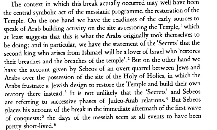 16/Amikam Elad and Patricia Crone are of the view (mostly Elad, though) that ʿAbd al-Malik conceived himself as a Davidic Messiah who rebuilt the Temple of Solomon. Crone and Cook famously argued that the Muslims had intended to build the temple before their fallout with the Jews