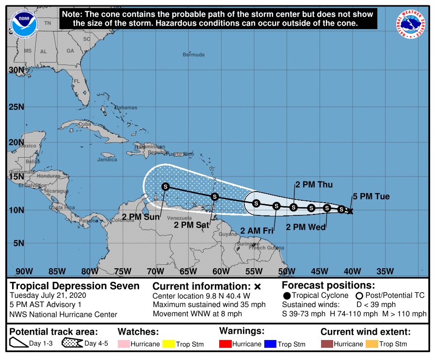 #ÚLTIMAHORA: El Centro Nacional de Huracanes de EEUU comenzó a emitir advertencias sobre la depresión tropical ‘siete’, que amenza al norte de Venezuela, a las 5 pm de este martes. El pronóstico indica que el sistema comenzará a interactuar con territorio venezolano este sábado.
