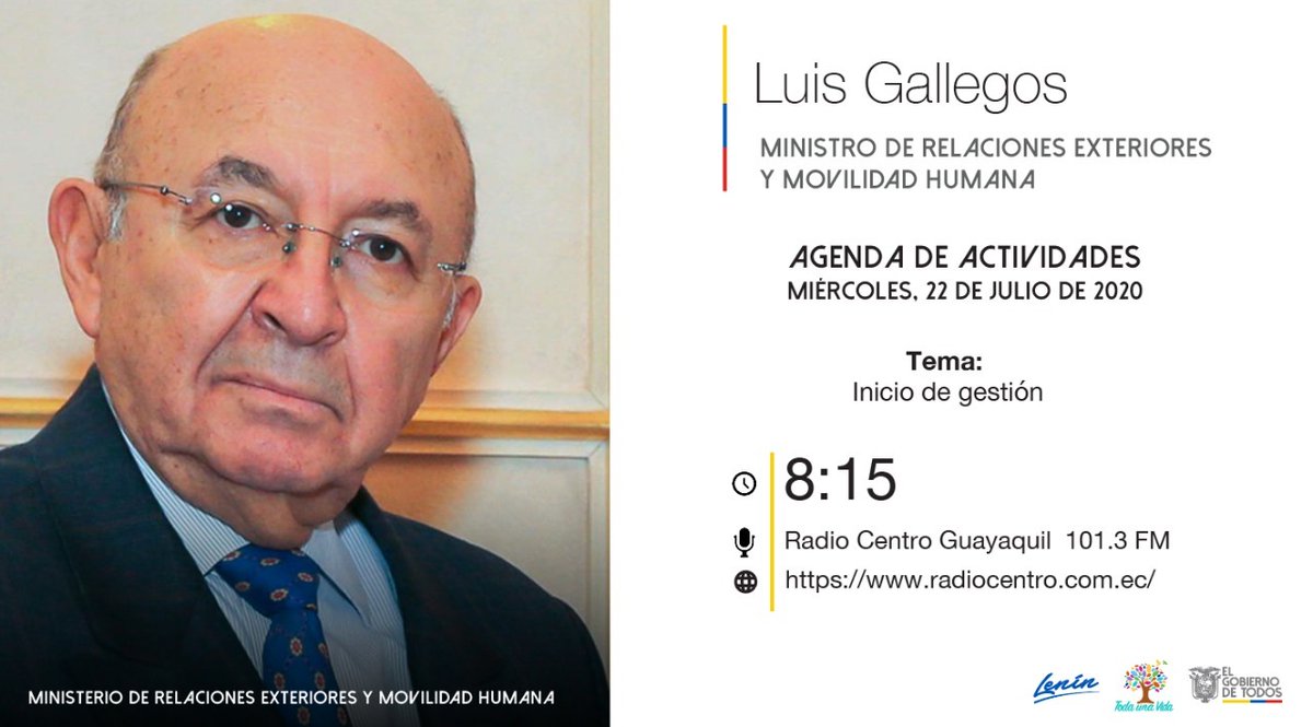 #EnLosMedios 📻 | Canciller <a href="/lubegach/">Luis Gallegos Chiriboga</a> ofrecerá una entrevista mañana por la señal de <a href="/radiocentroec/">CENTRO Digital</a> 101.3 FM Guayaquil y radiocentro.com.ec para referirse al inicio de su gestión en <a href="/CancilleriaEc/">Cancillería del Ecuador 🇪🇨</a> 

🕔 08:15
